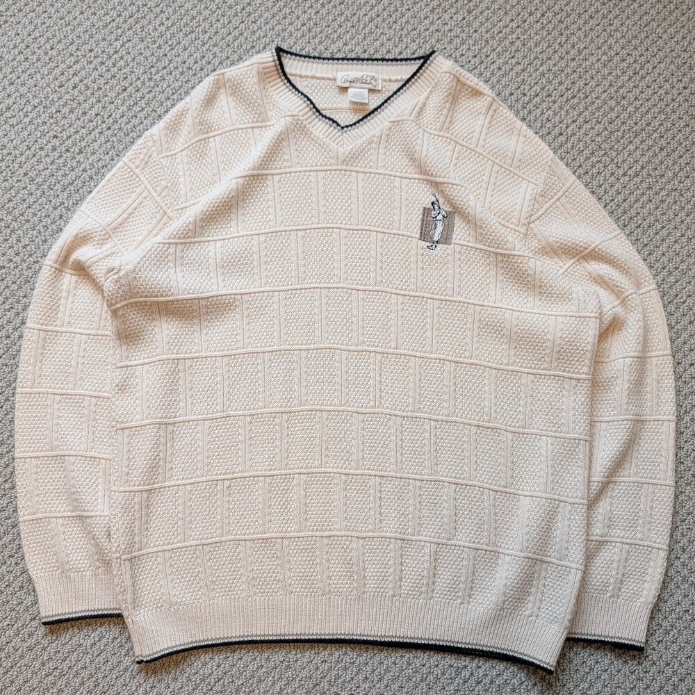 Vtg Arnold Palmer Golf Sweater Medium Cream Grid Knit V-Neck Made in Canada